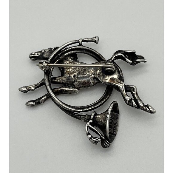 Vintage M&H Sterling Silver Brooch Pin Horse Equestrian Trumpet Horn 1 1/2" - Picture 2 of 8